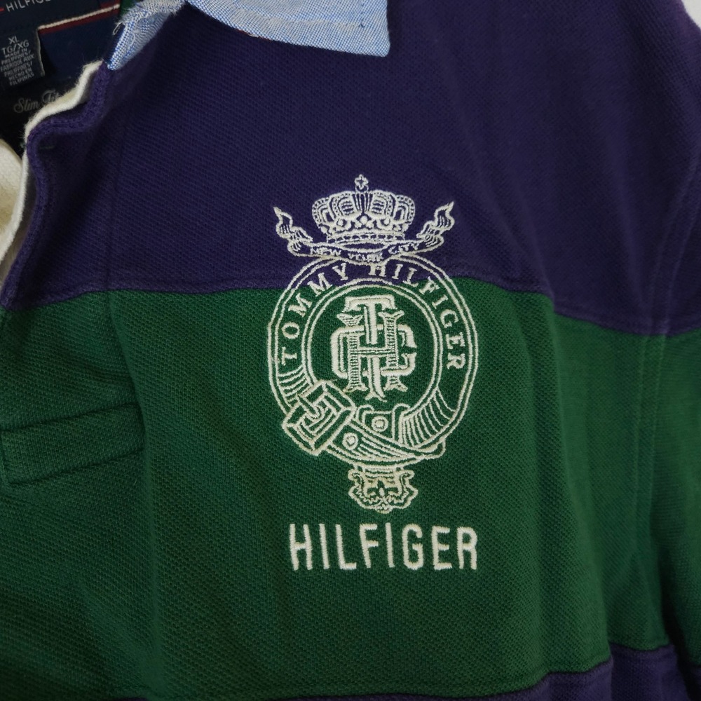 Tommy Hilfiger Rugby Polo Shirt Men's XL Slim Fit Green Purple Big Crest Logo - Picture 3 of 15
